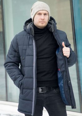 Мужская темно-синяя демисезонная куртка с серой отделкой эко-мехом воротника и капюшоном